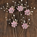 5-piece set of pink fabric flower hair pins with pearls and crystal accents - Hairpin Set / Purple