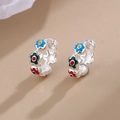 Silver hoop earrings with colorful enamel flowers in red, blue, and green floral design - Colorful Flower (Silver Hoop)
