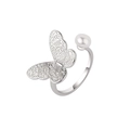 Eleganter Schmetterlingsring mit Perle und Silberrelief-Gravur, verstellbar für Damen - Einstellbar Offen / Perlen Schmetterling Ring (Weißgold Vergoldetes Kupfer)