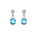 Elegant silver earrings with oval blue sapphire and floral stud on white background - Oval Blue Faux Sapphire Pendant Stud Earrings (Copper White Gold Plated)