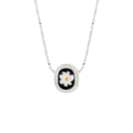 Elegante Gänseblümchen-Halskette mit schwarzem Emaille-Blumenanhänger auf weißem Grund - Kupfer / Versilberte Kupferkette