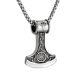 Viking Thor Hammer pendant necklace with Kolovrat sun wheel in vintage steel - Axe