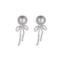 Elegant silver bow earrings featuring lustrous grey pearls with a versatile hanging design - Bowknot Pearl Stud Earrings (SH-A358ES)