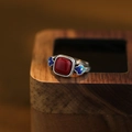 Retro Chinese style red agate ring in Thai silver with floral enamel and open band - Ring (Thai Silver Plated Copper) / Adjustable Open