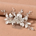 Pettine per capelli sposa argento con gemme marquise e foglie metalliche per nozze - Stile Foglia Piccola Argento