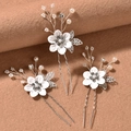 Lot de 3 épingles à cheveux en U avec fleurs blanches, perles et strass élégants - Argent