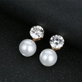 Sparkling zircon and white pearl drop earrings with elegant gold setting for wedding - Silver Earrings