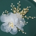Pinza para el pelo de novia con flores de organza, perlas y hojas doradas - Dorado