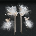 Set di fermagli per capelli da sposa fatata con piume bianche e lunghe nappe di strass - Coppia di Fermagli in Piume E Orecchini
