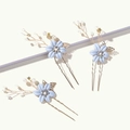 Juego de tres horquillas de flores azules elegantes con ramas doradas y perlas - Azul
