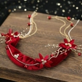Elegant red velvet bridal headband with floral rhinestones and gold chain accents - Velvet Rhinestone Chain Style / Red