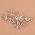 Elegante peineta nupcial de oro rosa con flores y hojas de diamantes de imitación brillantes - Pinza para el cabello / Oro KC Brillante