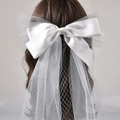 Elegant white satin bow hair clip with sheer mesh veil for bridal wedding hair accessories - 60cm-80cm / White