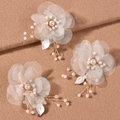 Set di 3 fermagli per capelli con fiori di organza bianca e perle di cristallo - Molletta per Capelli Dorata