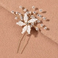 Handmade bridal hair pin featuring white beads, floral crystal petals, and gold wire - White