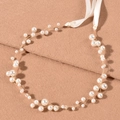 Tocado de novia elegante con perlas blancas y alambre dorado con cintas de seda - Dorado Capa Simple