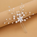 Elegant U-shaped silver bridal hair pin with pearls and rhinestones on felt background - Pearl Floral Style (TS2174) / White