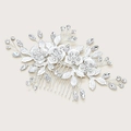 Peineta de novia plateada con flores de diamantes de imitación y detalles de hojas - Peine para el cabello / Plata Brillante