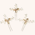 Set di tre forcine per capelli da sposa dorate con strass e perline bianche traslucide - Oro