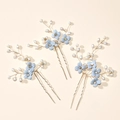 Set di 3 forcine per capelli da sposa con fiori azzurri e perle artificiali - Blu