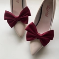 Detail view of deep red satin bows on elegant pointed toe bridal high heels in beige - Burgundy