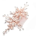 Elegante peineta nupcial de oro rosa con detalles florales de cristal y pedrería brillante - Peine para el cabello / Oro Rosa Brillante