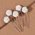 Detailed set of six white resin rose hair pins with wavy silver metal U-shaped prongs - Rose Hair Pins