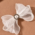 Elegant white organza bow hair clip with pearl and rhinestone vintage metal center - White (Hair Clip)