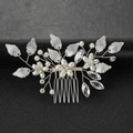 Pettine per capelli da sposa argento con foglie in lega, perle bianche e strass lucidi - Argento