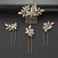 Set di 4 accessori per capelli da sposa con foglie dorate e strass brillanti - Combinazione Pettine e Forcina / Oro