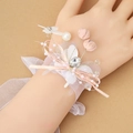 Elegant Korean style pink butterfly wrist corsage with lace ribbons for wedding bridesmaids - Pink