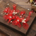 Elegante Haarspangen mit roten Netzblumen, goldenen Schmetterlingen und Perlen - Rot