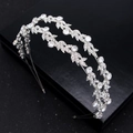 European bridal crown headband with double-row rhinestones and silver alloy leaf design - Silver
