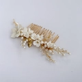 Romantic bridal hair comb with handmade white flowers, pearls, and crystals on gold wire - White