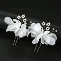 Set of two white bridal hair pins with organza flowers and pearls on gold U-shaped clips - Double Flower Style / Gold Wire White Flower