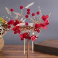 Copricapo da sposa cinese rosso tradizionale con foglie d'oro e nappe lunghe - Fermagli per Capelli E Orecchini