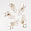 5-piece bridal hair clip set with white painted flowers and handmade pearls on gold base - White