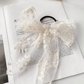 Elegante lazo para el pelo de encaje blanco con bordado floral para mujeres - Coletero Beige