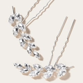 Set of 2 silver bridal U-shaped hair pins with sparkling marquise-cut rhinestones - Leaf Branch Style / Silver