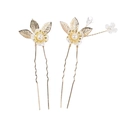 Set di forcine da sposa con petali bianchi, perle e foglie dorate su fermagli a forma di U - Oro-Forcine(Paio)