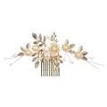 Pettine per capelli da sposa con foglie dorate, fiori di stoffa e perle bianche - Oro-Pettine Grande