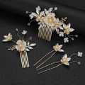 Set da sposa di 4 pezzi con pettini per capelli, fiori di conchiglia bianchi e perle dorate - Mix Oro Argento-Combinazione Pettini E Forcine