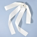 Elegant white satin ribbon hair bow with delicate floral and pearl center detail - Style 10 Satin Ribbon + Shell Flower