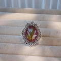 Close-up of handmade vintage ring with red oval dried flower resin and silver frame - Adjustable / Antique Silver Red White Green Style (Type E)