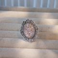 Macro view of handmade vintage silver ring with dried flowers and white pearls - Adjustable / Antique Silver Pink Purple Pearl Style (Type F)