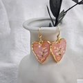 Exquisite heart-shaped dangle earrings with pink resin, dried flowers and gold foil accents - Pink Earrings