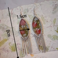 Ethnic style silver earrings with real dried flowers and long tassels, 8cm in length - Type A (Oval Shape Tassel)