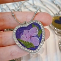 Macro detail of heart necklace with purple dried flowers and sparkling rhinestones - Pink & Purple Dried Flower on Purple Base (Style G)