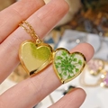 Handmade locket heart necklace with green dried flowers in gold stainless steel finish - Green Lace Flower Heart Locket Necklace