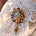 Handmade vintage gold flower brooch with champagne rhinestones and dangling pendant detail - Brown with Rhinestone